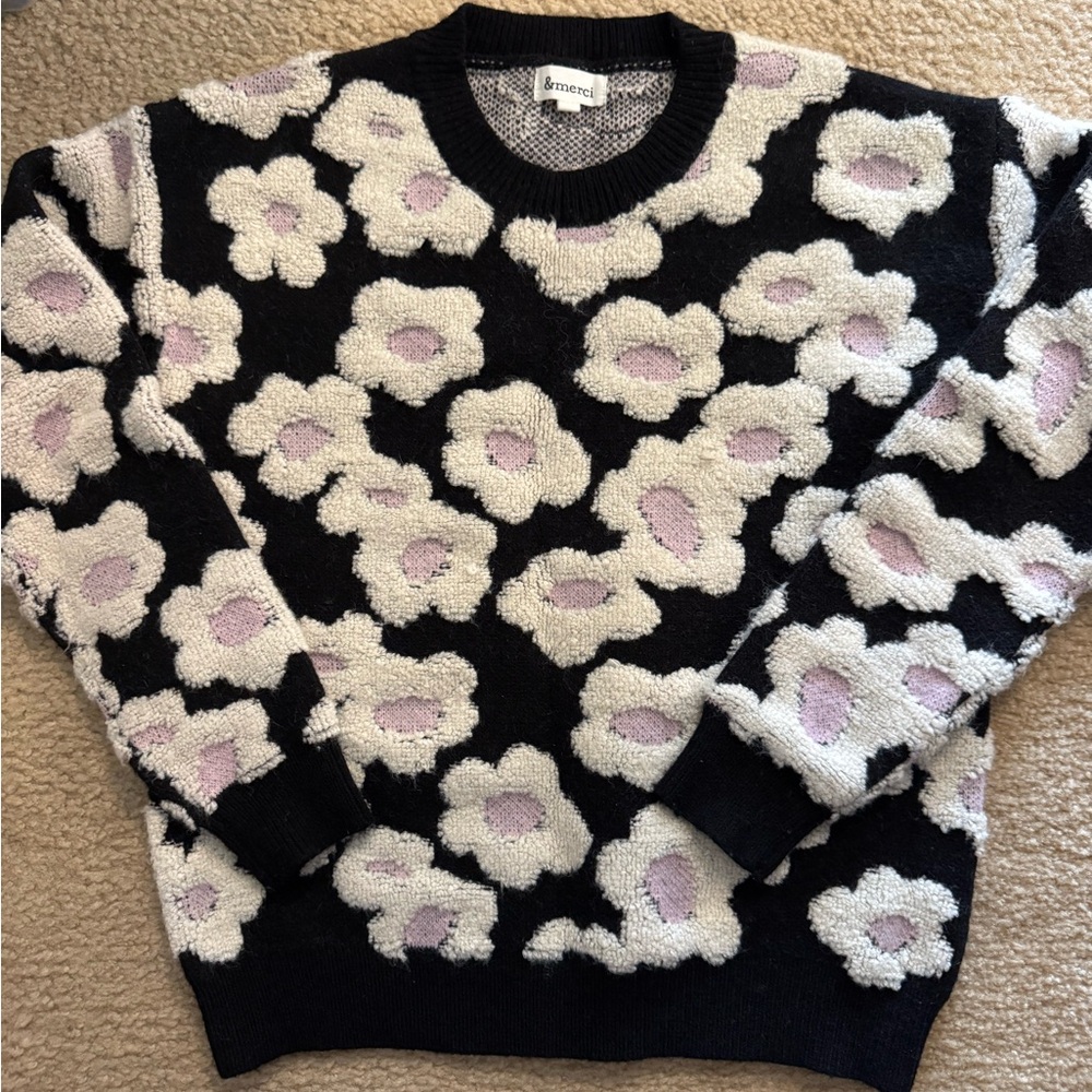 Black Floral Textured Crewneck Sweater with Cream and Light Pink Accents